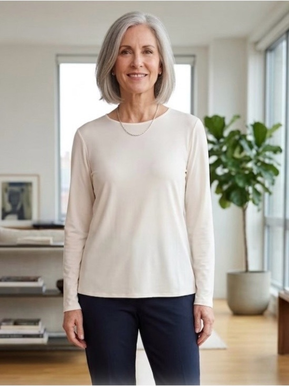 Eileen Fisher Long-Sleeve Stretch Jersey Silk Crewneck Top in Soft Cream